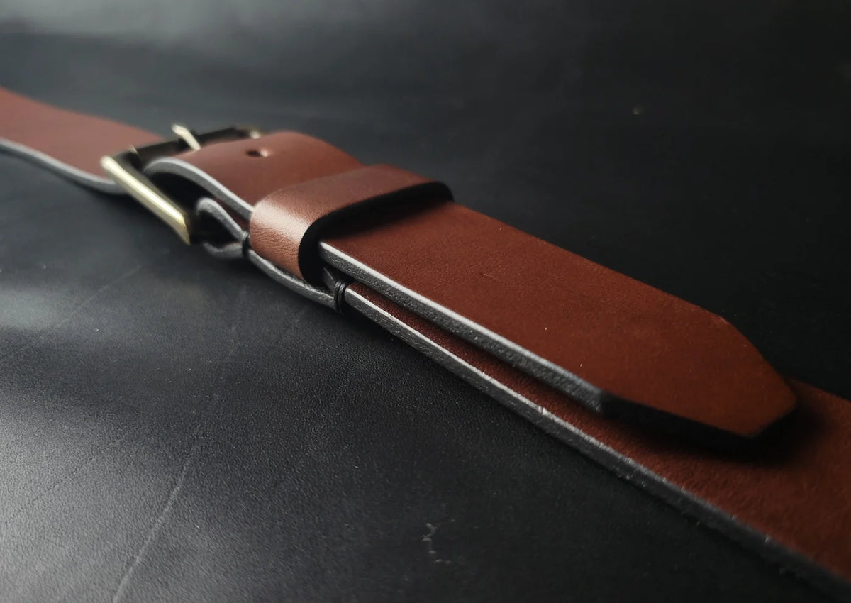 1.5" STITCHED LEATHER BELT – antique brass buckle