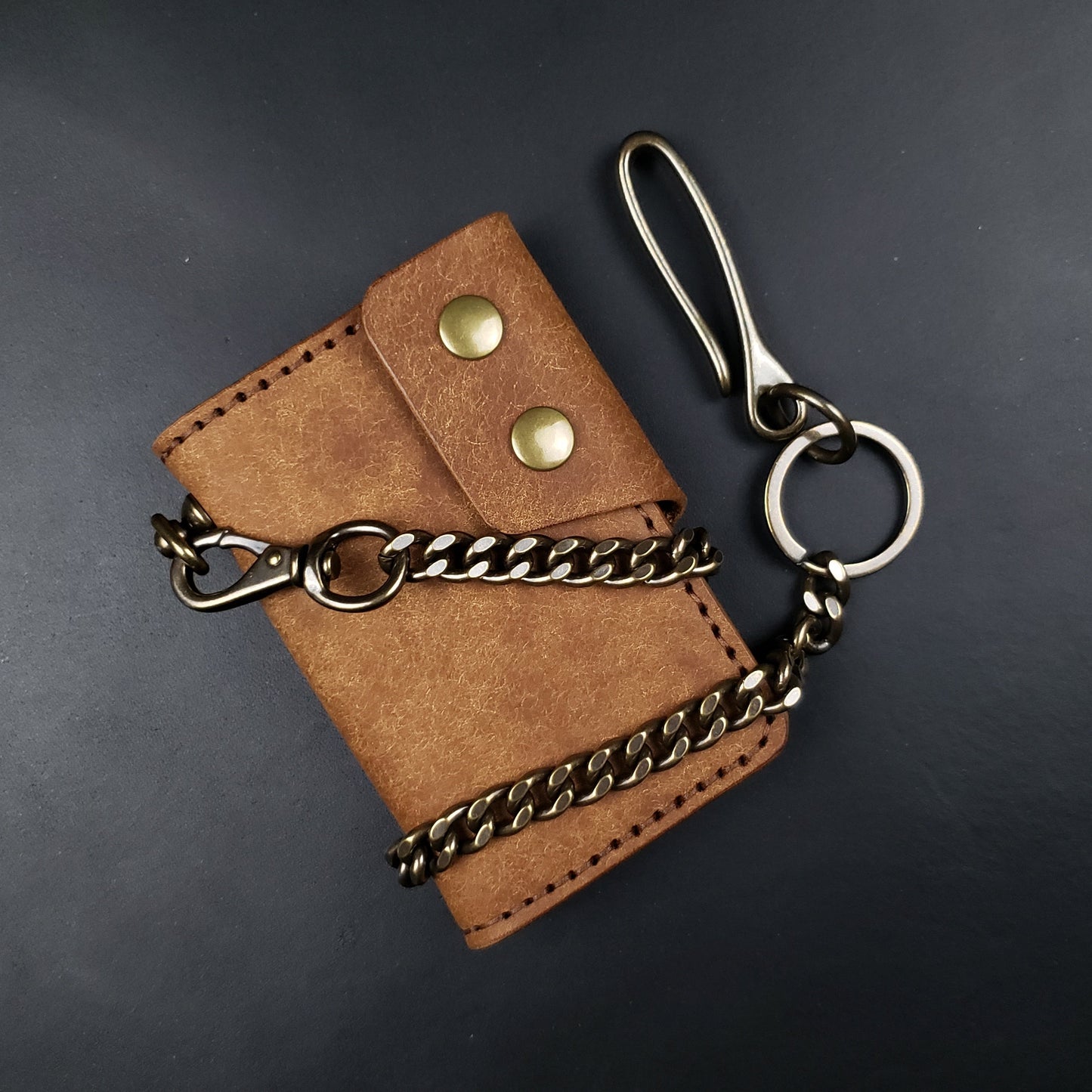 6 Pocket Biker Wallet – Walnut & Olive / Antique Brass
