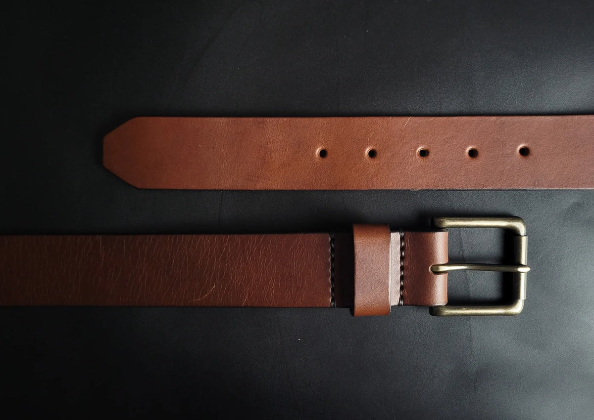 1.5" STITCHED LEATHER BELT – antique brass buckle