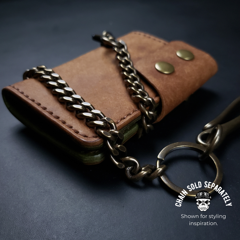 6 Pocket Biker Wallet – Walnut & Olive / Antique Brass