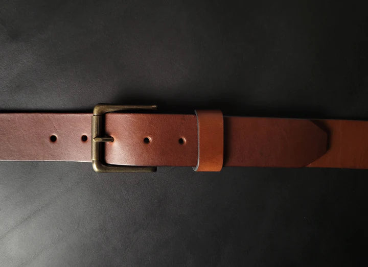 stitched BROWN LEATHER BELT - antique brass buckle