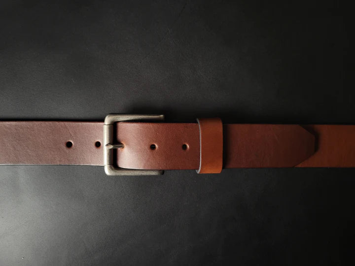 stitched BROWN LEATHER BELT - nickel matte buckle
