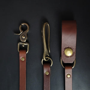 BROWN LEATHER STRAP WALLET CHAIN - antique brass